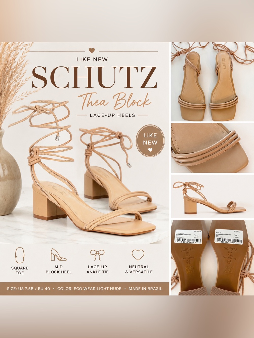 SCHUTZ Thea Block Lace-Up Heels in Light Nude Size 7.5B